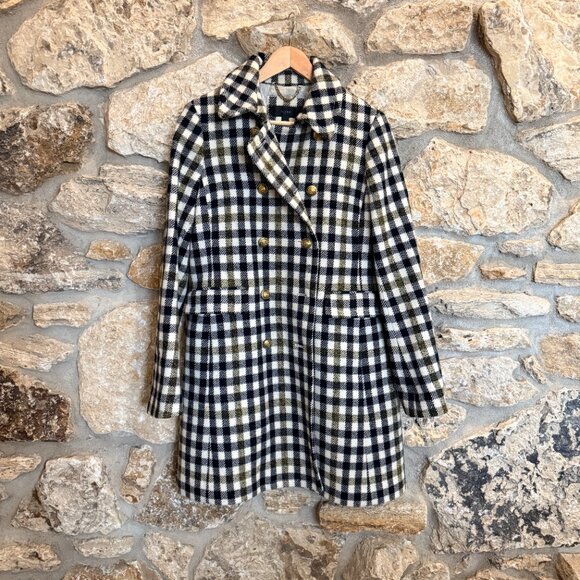 J.Crew Double Breasted Classic Wool Coat Jacket Black Ivory Oxford Plaid sz 12 - Picture 2 of 9